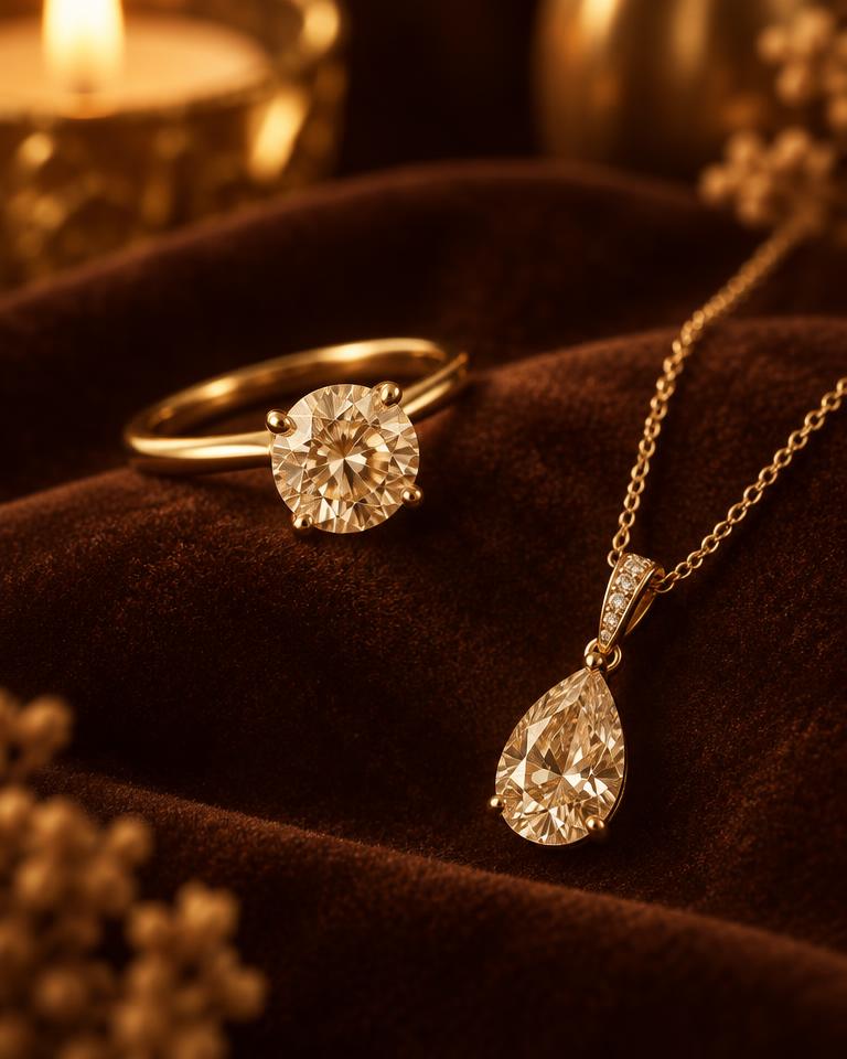 Diamond jewellery photographed in warm brown and gold tones