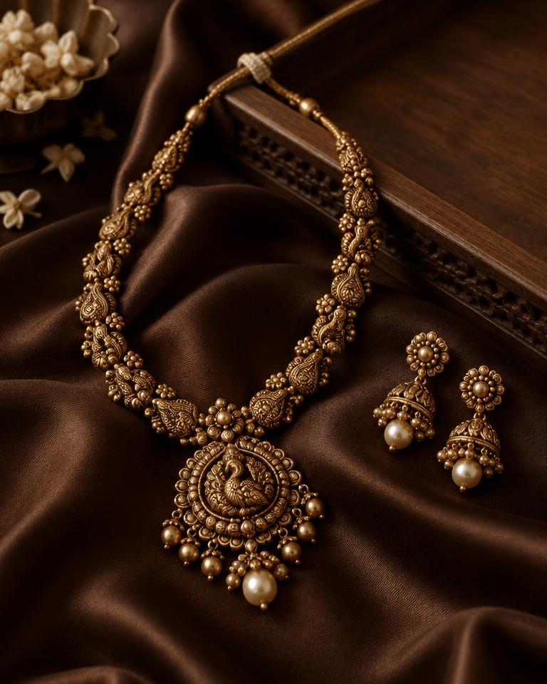 Woman wearing a gold and crystal drop pendant necklace with matching earrings