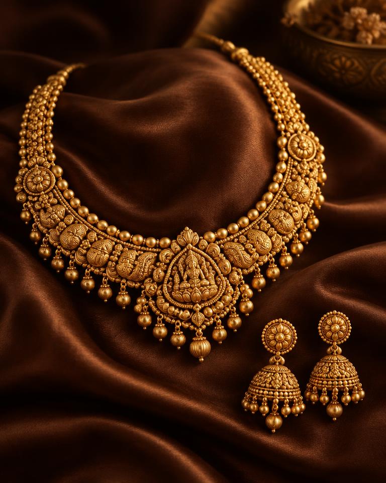 Gold jewellery photographed in warm brown and gold tones