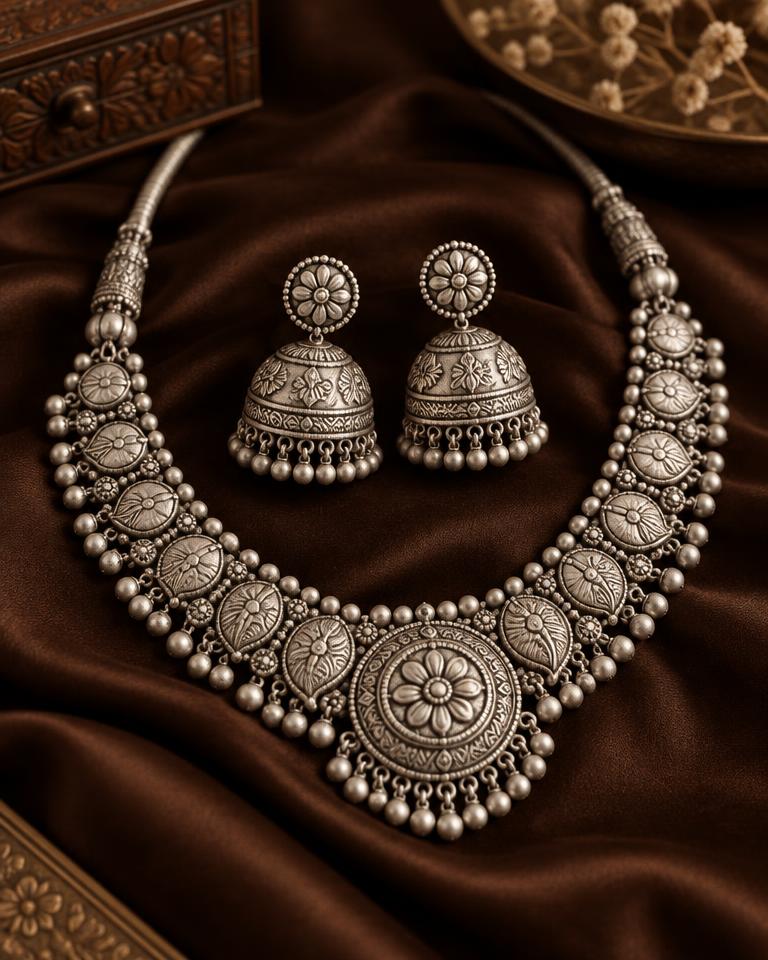 Silver jewellery photographed in warm brown and gold tones